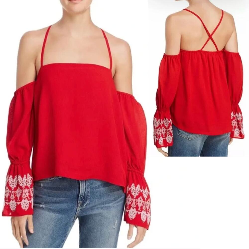 NWT Banjara Red Off Shoulder Embroidered Bell Sleeve Adjustable Strap Top S